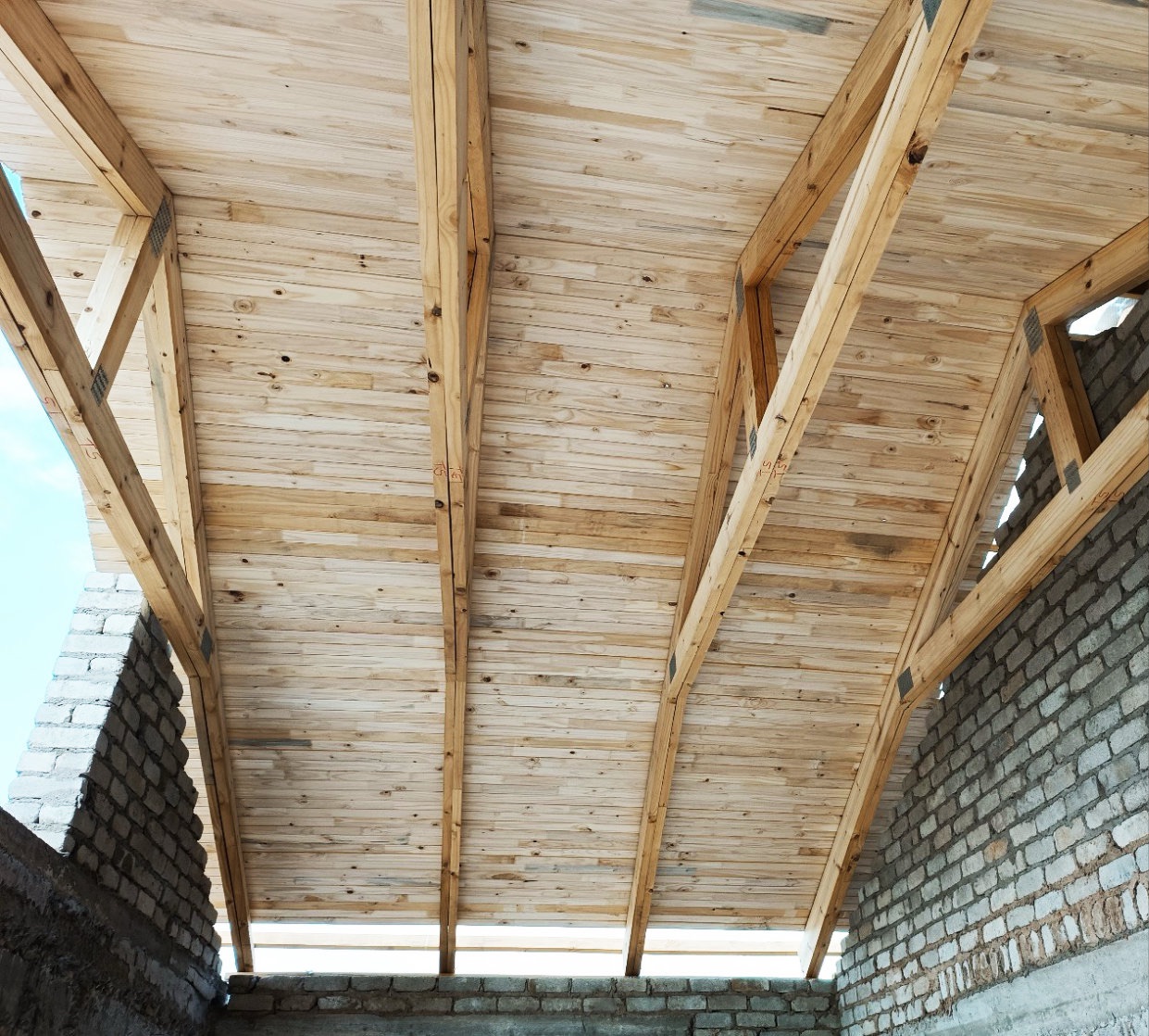 Underside of a timber ceiling and roof frame