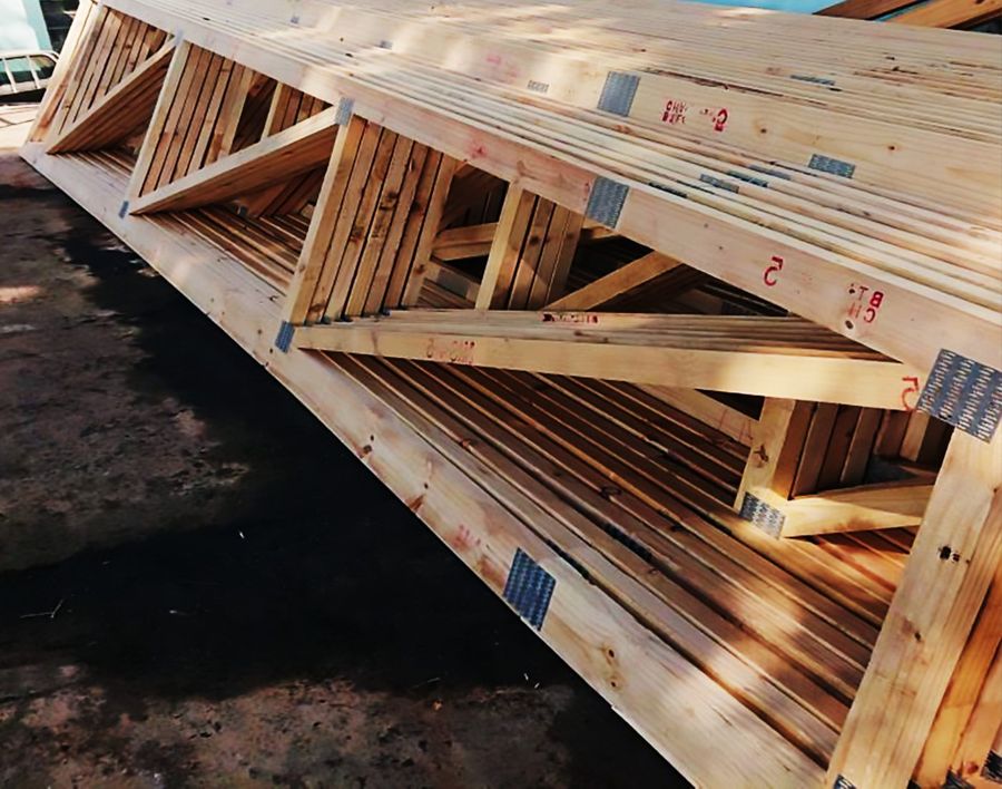 Prefabricated trusses stacked and ready for delivery